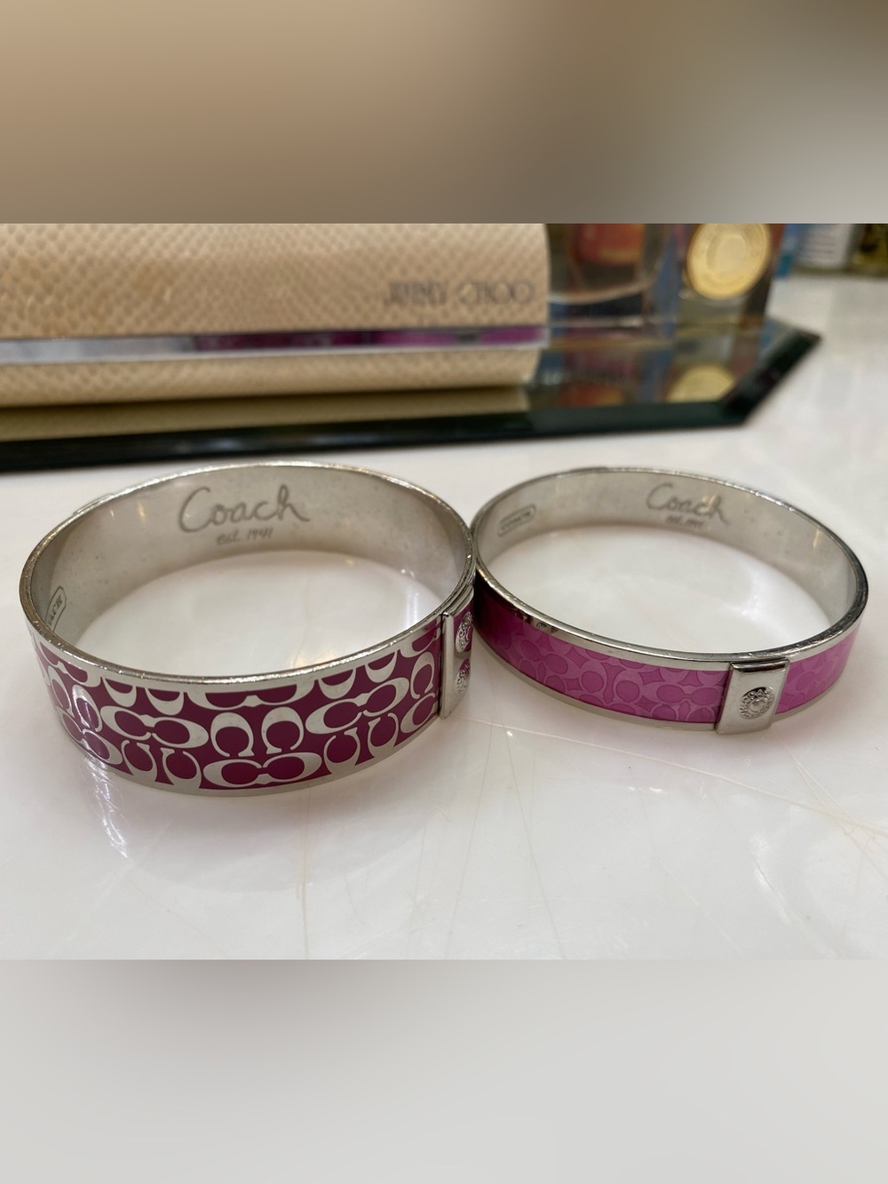 Coach Signature C Wide & Poppy Thin Silver Enamel Bangle Set, Magenta/Light Pink - Picture 3 of 8